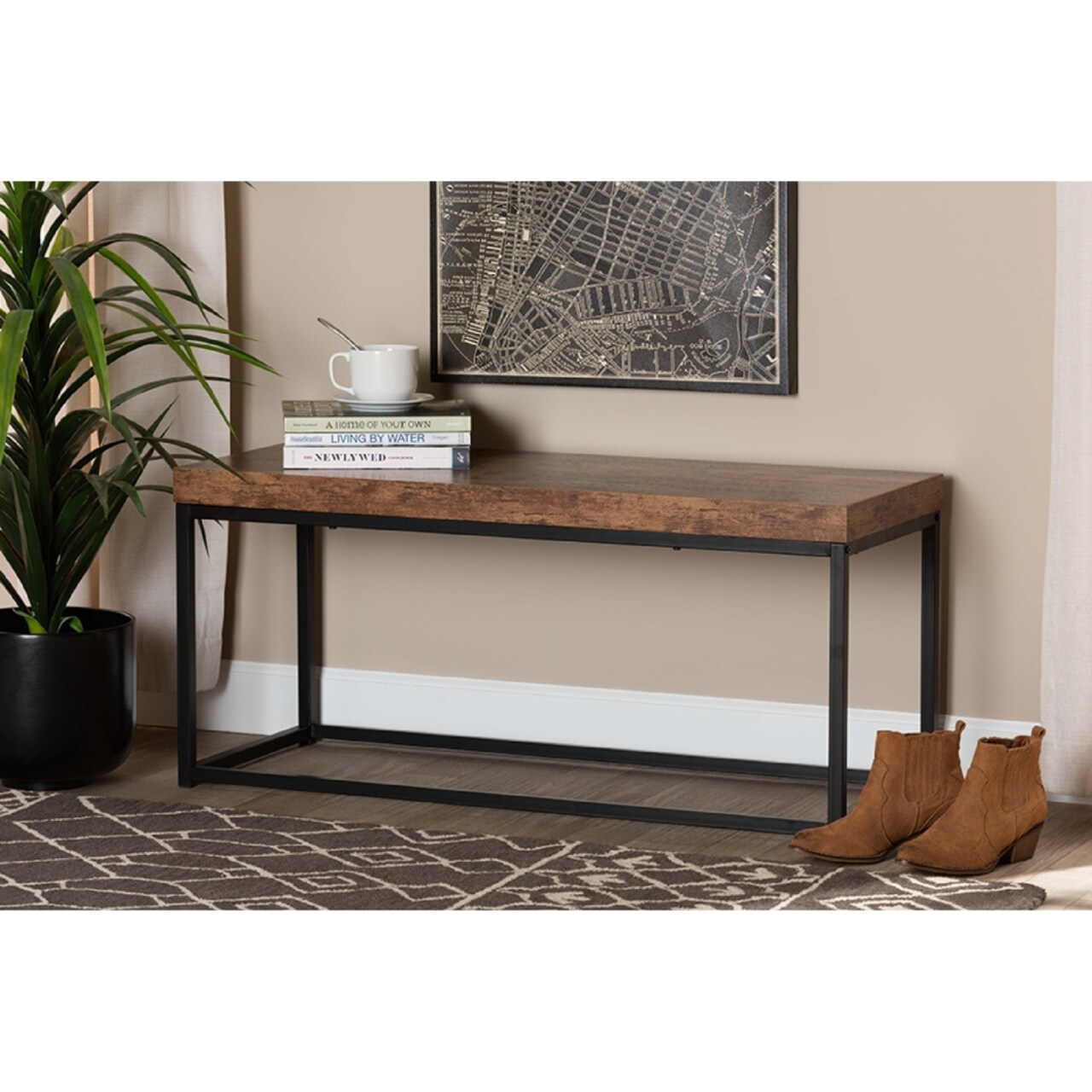 Wholesale Interiors Baxton Studio Bardot Modern Industrial Walnut Brown Finished Wood and Black Metal Accent Bench